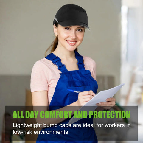 Woman wearing Ultra Lightweight Safety Bump Cap With Breathable Baseball Cap Style Head Protection For Men And Women, Comfortable All Day Wear, Hard Hat Alternative, holding clipboard in casual environment.