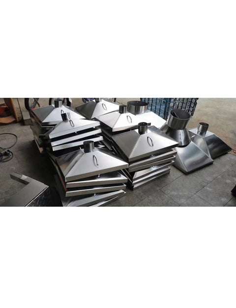 Shop Built Stainless Steel Fume Hood Bell Shaped Welding Smoke Extractor For Solid Fume Collection stacked in workshop.