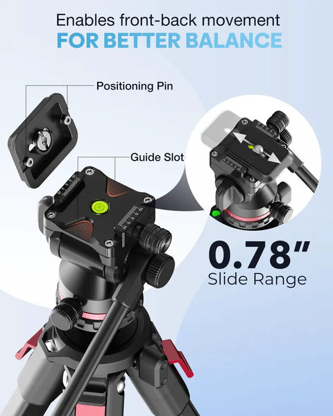 68 Inch Fluid Head Camera Tripod with 0.78" slide range, positioning pin, guide slot for DSLR Camcorders Binoculars Spotting Scope Telescopes Travel Ready Lightweight Aluminum Legs With Smooth Fluid Motion 8.8 Lb Max Load Stability Ideal For Video And Wildlife