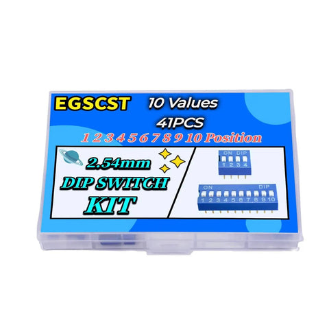Dip Switch Assortment Kit 41 Pieces With 10 Values Blue Double Row Dip Switches 1 To 10 Position 2.54mm Pitch PCB box