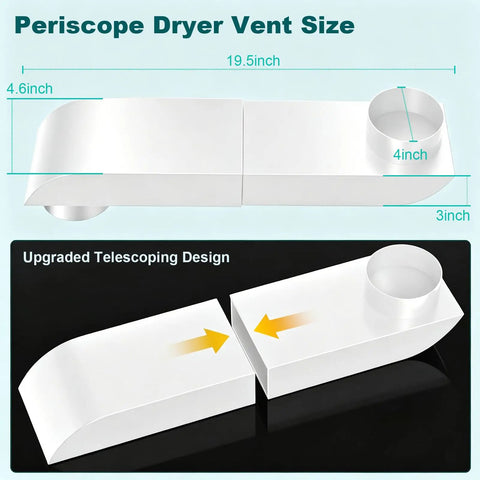 No Sweat Adjustable Telescoping Periscope Dryer Vent with dimensions 19.5x4.6 inches, flat design for tight spaces.