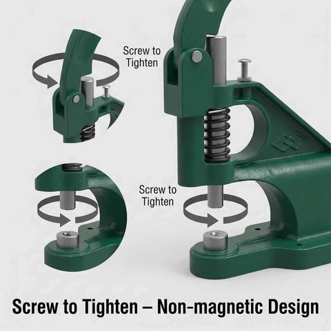 Heavy Duty Hand Press Eyelet Grommet Kit With Three Die Sizes 0 2 4 And 1500 Silver Grommets, non-magnetic screw design