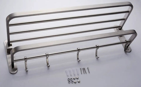 Stainless Steel Towel Rack With Double Towel Bar And Hooks For Bathroom Wall Mounted Shelf Slick Space Saving Foldable Brushed Nickel Finish Heavy Duty All In One Multifunctional Storage Organizer Rustproof 304 Stainless Steel Construction