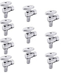 10 Pack Brass PEX Angle Stop Valves Three Eighths Inch OD Compression To One Half Inch PEX Barb Crimp No Sweat One Quarter Turn On Off Compatible With PEX Tubing Stainless Steel Clamp And Copper Crimp Ring Systems, chrome angle stop valve set