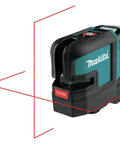 Heavy Duty Cordless Cross Line Laser Level Kit With 12 Volt Battery And Red Beam Self Leveling Tech showing red beams for alignment.
