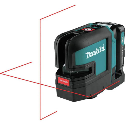 Heavy Duty Cordless Cross Line Laser Level Kit With 12 Volt Battery And Red Beam Self Leveling Tech showing red beams for alignment.