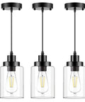 Industrial Pendant Lighting Set With Clear Glass Shade, 3-Pack, adjustable cord, matte black finish, shown front view