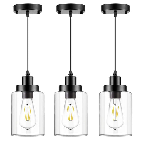 Industrial Pendant Lighting Set With Clear Glass Shade, 3-Pack, adjustable cord, matte black finish, shown front view