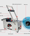 Rugged Semi Automatic Label Applicator For Round Bottles with labeled features like aluminum body and bottle pressing arm.