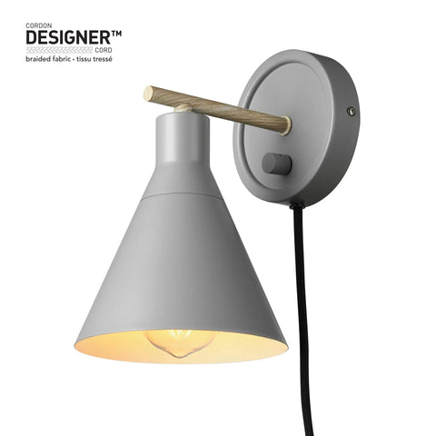 Plug In Or Hardwire Wall Sconce 2 In 1 Dimmer Backplate Matte Gray With Faux Wood Accents Black Fabric Cord Dimmable Wall Light Bulb Not Included