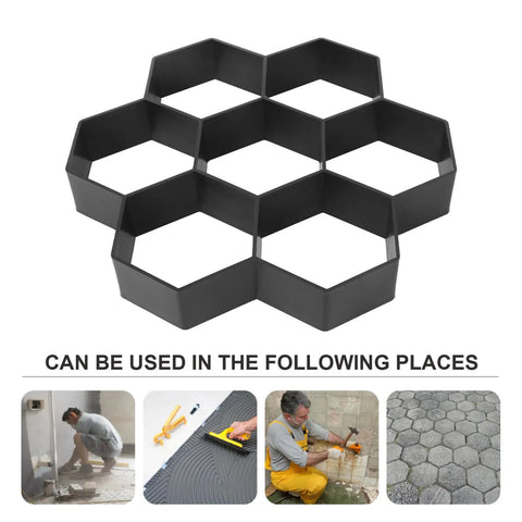Hexagon Brick Molds Set For Concrete Pathways And Walkways DIY Cement Paving Molds For Garden Lawn Patio shown with usage examples