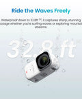 Wearable 4K Action Camera With Cap Mount, Ultra Lightweight 54g, waterproof, floating in water, emphasizing 32.8ft depth