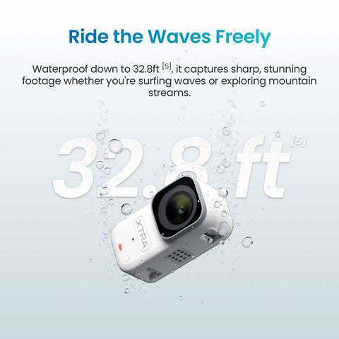 Wearable 4K Action Camera With Cap Mount, Ultra Lightweight 54g, waterproof, floating in water, emphasizing 32.8ft depth