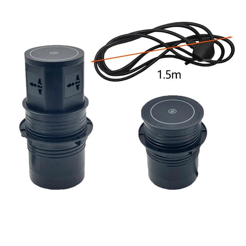 Top Shelf Pop Up Countertop Outlet With Auto Lift Retractable Body Includes USB Type C Port And Snappy Wireless Charger, black units with power cable.