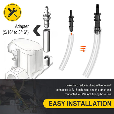 Two-pack manometer tube adapters, 3/16 to 5/16, for gas appliance inlet/outlet valves; installation diagram.