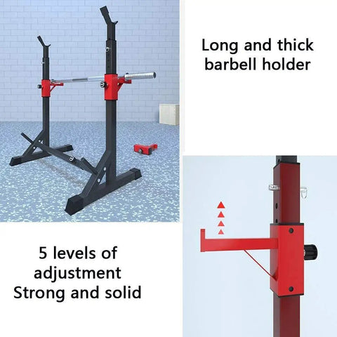 All In One Home Gym Squat Rack And Dip Stand With Barbell And Dumbbell Storage, showing long barbell holder and adjustment levels.