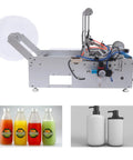 Semi Automatic Round Bottle Labeler For 20 To 120 Mm Diameter high speed applicator with colorful bottles and lotion containers.