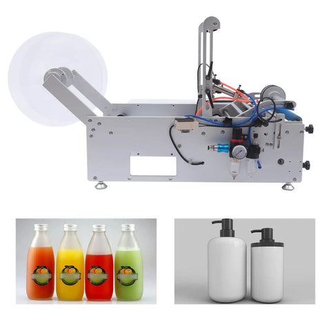 Semi Automatic Round Bottle Labeler For 20 To 120 Mm Diameter high speed applicator with colorful bottles and lotion containers.