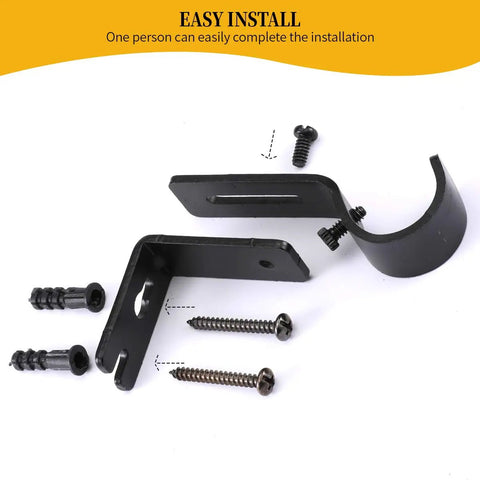 Heavy Duty Adjustable Curtain Rod Brackets Set of 2 in Black for 1 Inch Rods, screws and mounting accessories shown