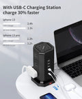 Tower Power Strip With USB Ports And Surge Protector 9 Widely Spaced AC Outlets Plus 5 USB Ports Including One USB C 10 Ft Extension Cord Overload Protection For Home Office And Entertainment Setup next to laptop showing USB-C charging capabilities.