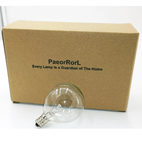 Box with 25 Watt Wax Warmer Bulb 120V E12 Base G50 for full size Scentsy wax warmer, featuring bulb and packaging.