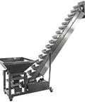 Rugged 220V 1 Phase Bucket Elevator Material Conveyor With 94 Point 5 Inch Lift Height And 400W Motor, stainless steel construction, sloped hopper.