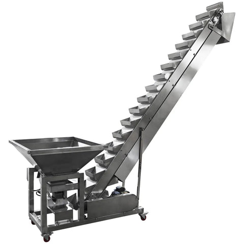 Rugged 220V 1 Phase Bucket Elevator Material Conveyor With 94 Point 5 Inch Lift Height And 400W Motor, stainless steel construction, sloped hopper.