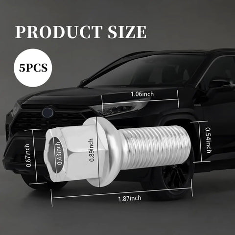 Heavy Duty M14x1.5 Wheel Studs 5 Pack Alloy Steel Lug Bolts With Killer Ball Seat dimensions shown next to a black SUV.