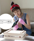 Person assembling furniture with drill, inset showing Two Pack Sectional Sofa Connectors Clips Set Steel And Zinc Alloy Couch Snap Fittings