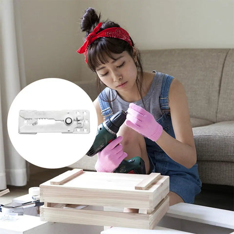 Person assembling furniture with drill, inset showing Two Pack Sectional Sofa Connectors Clips Set Steel And Zinc Alloy Couch Snap Fittings