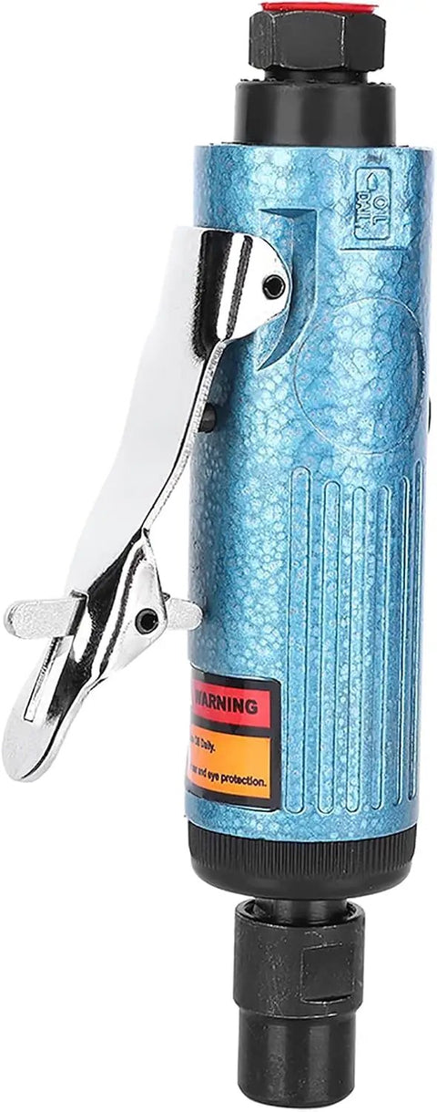 Blue Aluminum Alloy Pneumatic Die Grinder Top Shelf Air Powered Rotary Tool with lever, designed for metal fabrication and stone carving.