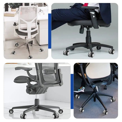 Heavy Duty Office Chair Casters Five Pack Smooth Rolling Replacements For Computer And Desk Seats, shown in various office setups.