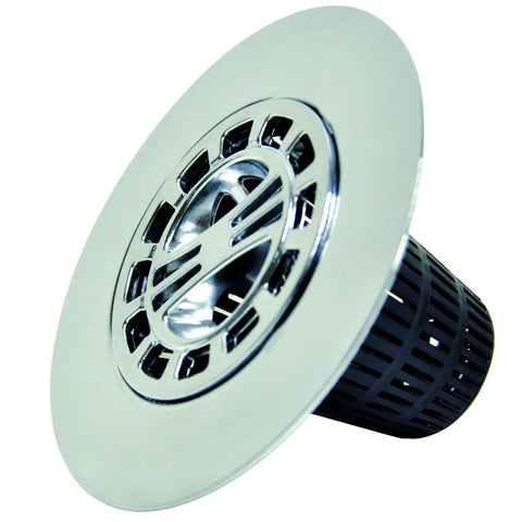 Chrome Shower Drain Hair Catcher For Stand Alone Showers 3 Inch Drain Hair Trap With Detachable Basket Includes Five Replacement Baskets And Strainer To Prevent Clogs And Make Cleaning A Breeze, close-up of chrome finish and detachable basket