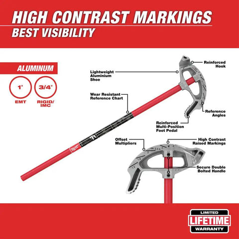 Milwaukee 1 Inch Emc Aluminum Conduit Bender One Hand Pipe Bending Tool Heavy Duty hydraulic design with high contrast markings.