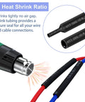 Close-up of heat shrink tubing used in 14 Gauge 2 Pin Waterproof Wire Connectors Kit With 10 Sets Includes 10 Male And 10 Female Connectors And 40 Pcs Heat Shrink Tubing For Automotive Electrical Wiring And Easy No Fuss Secure Connections sealing red and blue wires with heat gun application.