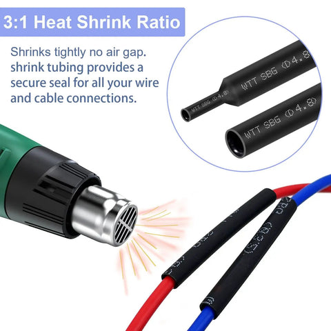 Close-up of heat shrink tubing used in 14 Gauge 2 Pin Waterproof Wire Connectors Kit With 10 Sets Includes 10 Male And 10 Female Connectors And 40 Pcs Heat Shrink Tubing For Automotive Electrical Wiring And Easy No Fuss Secure Connections sealing red and blue wires with heat gun application.