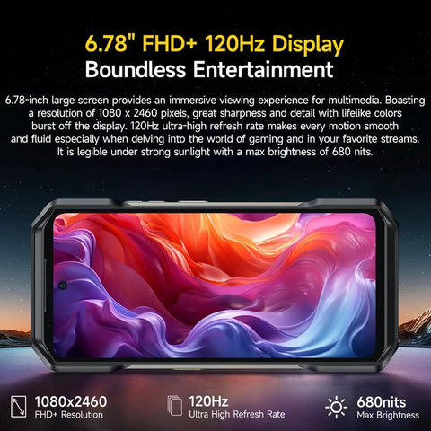 Kickass 5G Rugged Champ With Built-In Thermal Scanner And Sharp Night Vision Lens, Smooth 6.78 Inch FHD Plus Display showing 1080x2460 resolution and 120Hz refresh rate.
