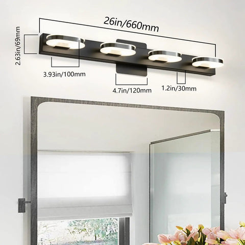 Modern LED Vanity Light 3-Head Wall Sconce For Bathroom, 19 Inch Black Finish above mirror, lit natural white light