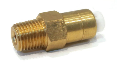 Side view of brass pressure washer thermal relief valve with threaded end and white plastic seal