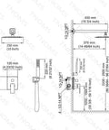 Diagram of Brushed Nickel Shower System With 10 Inch Rainfall Shower Head And Handheld Wall Mounted Shower Combo Set with measurements.