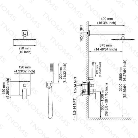 Diagram of Brushed Nickel Shower System With 10 Inch Rainfall Shower Head And Handheld Wall Mounted Shower Combo Set with measurements.