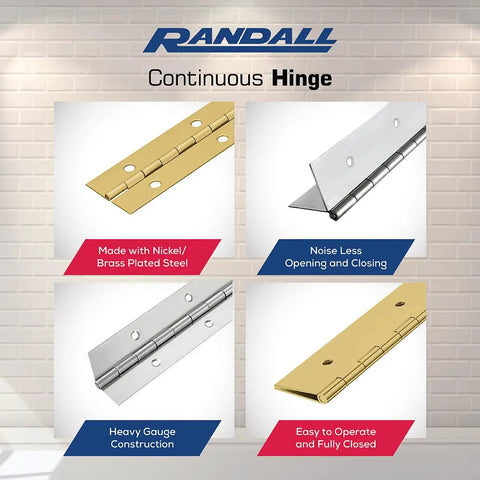 Heavy Duty Continuous Hinge Also Called Piano Hinge In Solid Brass Plated Steel With Mounting Screws Included Perfect For Cabinet Doors Lockers And Garage Shelves Built Tough Straight From America displayed in four angles on a wall.