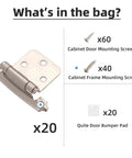 Contents of Slick Self-Closing Brushed Nickel Cabinet Hinges For Kitchen Cabinets And Doors, 10 Pair, including screws and bumpers.