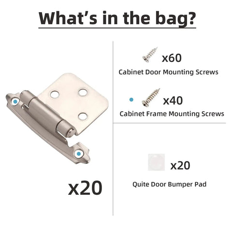 Contents of Slick Self-Closing Brushed Nickel Cabinet Hinges For Kitchen Cabinets And Doors, 10 Pair, including screws and bumpers.