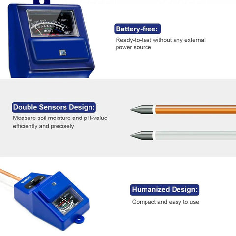 3 In 1 Soil Moisture Light And PH Tester for garden and lawn with battery-free operation, double sensors, and compact design.