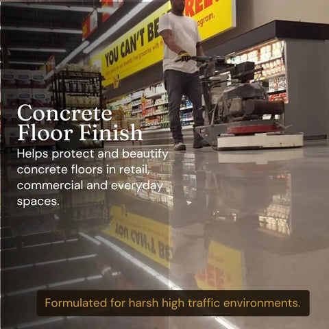 Real Deal Universal Surface Finish For Wood Leather Plastic Vinyl And Metal That Is Straight Up Waterproof And Food Safe While Acting As A Hella Solid Solvent Free Non Toxic Protection Layer Inside A Handy Four Ounce Jar For Instant Glow Ups applied to a polished concrete floor by a worker.