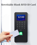 Person using 10 Pack Writable 125kHz T5577 RFID Cards Blank White Proximity Badges For Easy Access Control with card reader.