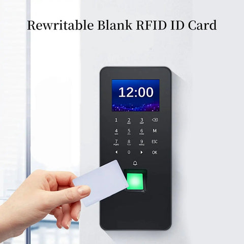 Person using 10 Pack Writable 125kHz T5577 RFID Cards Blank White Proximity Badges For Easy Access Control with card reader.
