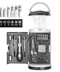 2-In-1 Camping Lantern And 15 Piece Tool Kit For Outdoors And Survival Gear, Portable Emergency Set open showing tools.