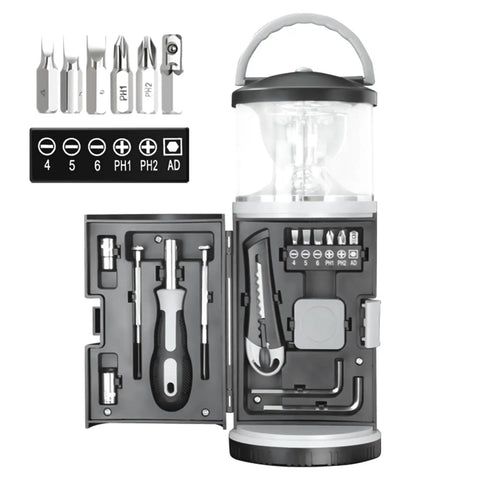 2-In-1 Camping Lantern And 15 Piece Tool Kit For Outdoors And Survival Gear, Portable Emergency Set open showing tools.